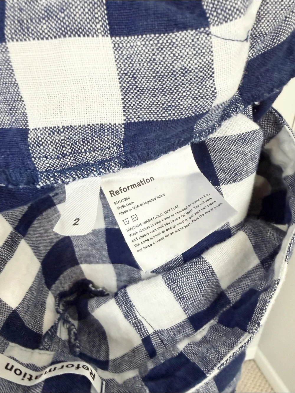 Reformation Size 2 • Linen Blue Plaid High Waist Pants Trousers.